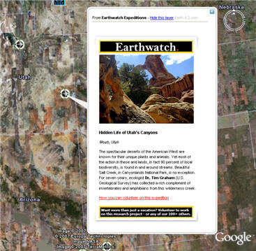 By clicking on a KML placemark, you can access rich HTML content.